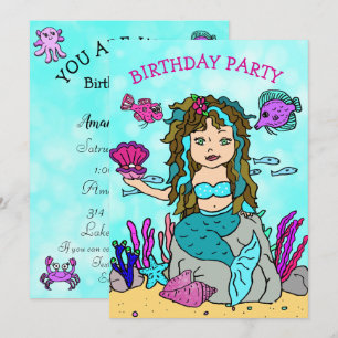 海の誕生日パーティーの下のブルネットマーメイド 招待状