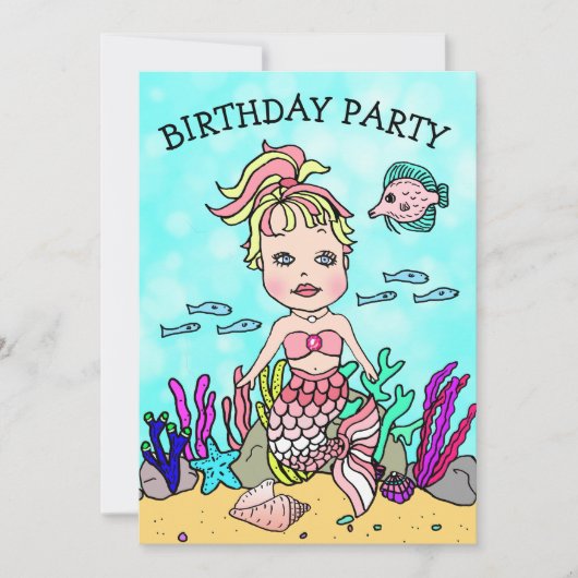 海の誕生日パーティーの下のブロンド・マーメイド 招待状 (正面)
