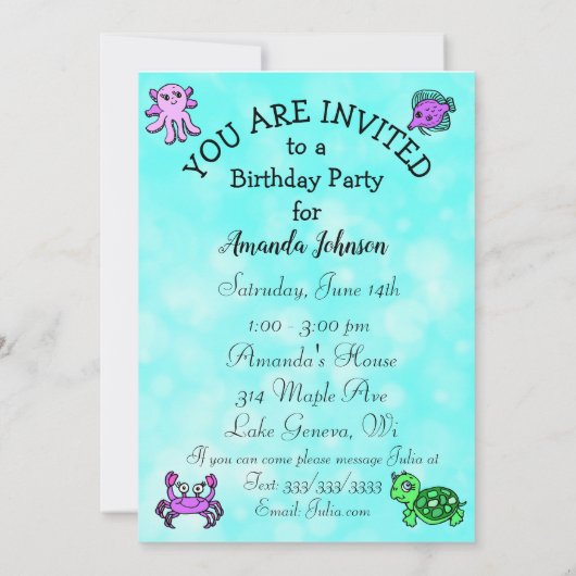 海の誕生日パーティーの下のブロンド・マーメイド 招待状 (裏面)