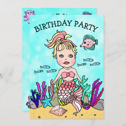 海の誕生日パーティーの下のブロンド・マーメイド 招待状 (正面/裏面)