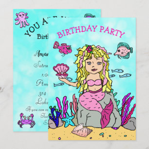 海の誕生日パーティーの下のブロンド・マーメイド 招待状