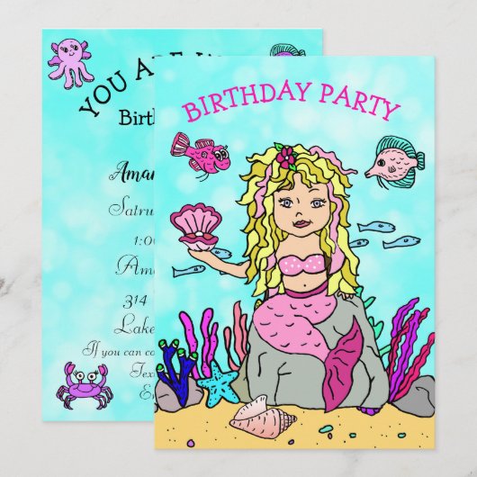 海の誕生日パーティーの下のブロンド・マーメイド 招待状 (正面/裏面)