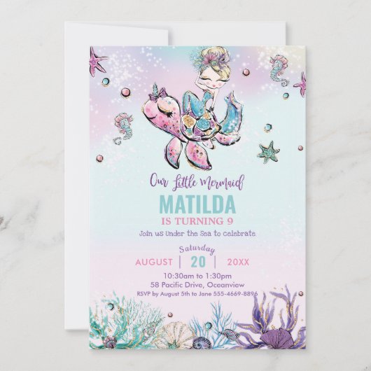 海の誕生日パーティーの下のブロンド・マーメイド 招待状 (正面)