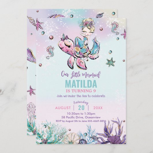 海の誕生日パーティーの下のブロンド・マーメイド 招待状 (正面/裏面)
