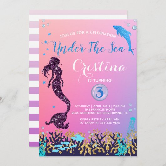 海の誕生日パーティーの下のマーメイド&ドルフィン 招待状 (正面/裏面)