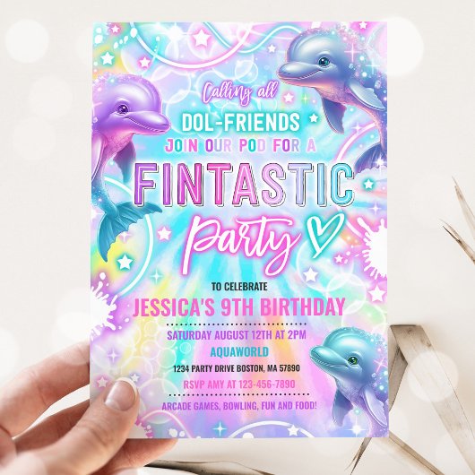 海の誕生日パーティーの下のレインボードルフィン 招待状