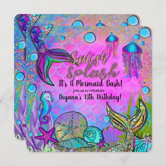 海の誕生日パーティーの下の人魚と海の貝殻 招待状 (正面/裏面)