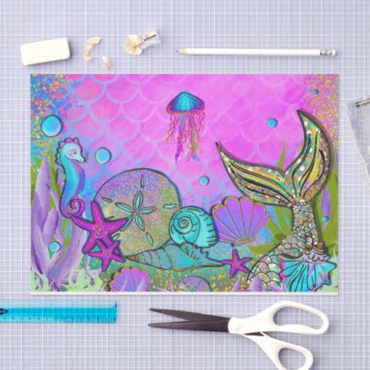 海の誕生日パーティーの下の人魚と海の貝殻 薄葉紙 (クラフト)