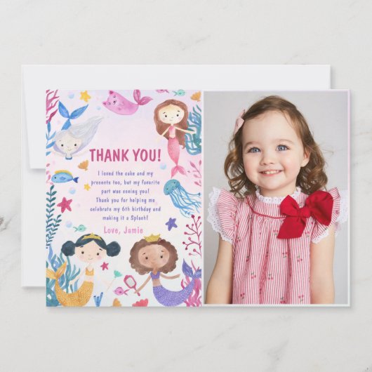 海の誕生日パーティーの下の人魚の写真 サンキューカード (正面)