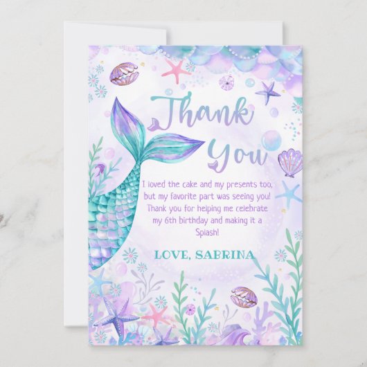 海の誕生日パーティーの下の人魚の尾 サンキューカード (正面)