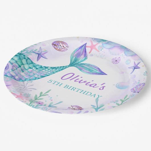 海の誕生日パーティーの下の人魚の尾 ペーパープレート (アングル)