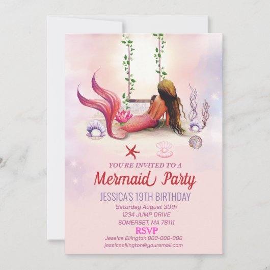 海の誕生日パーティーの下の人魚 招待状 (正面)