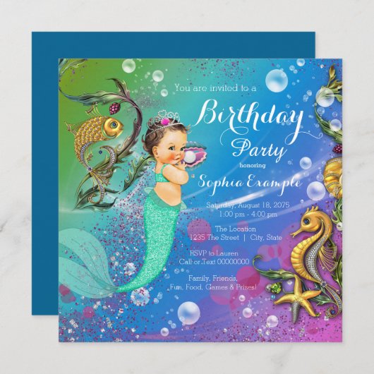 海の誕生日パーティーの下の人魚 招待状 (正面/裏面)