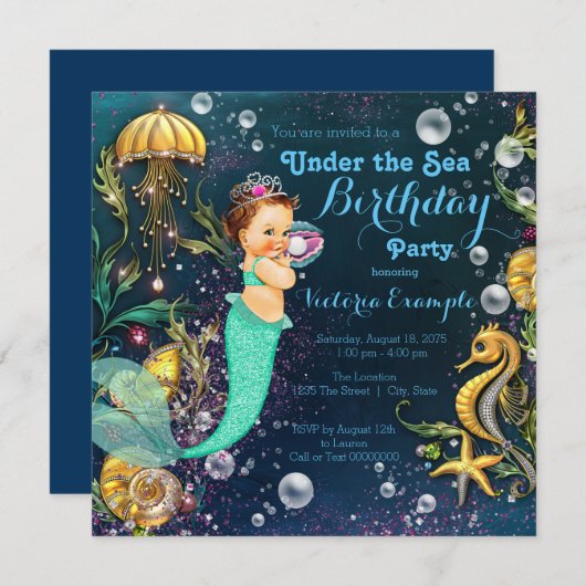 海の誕生日パーティーの下の人魚 招待状 (正面/裏面)