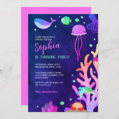 海の誕生日パーティーの下の女の子 招待状 (正面/裏面)