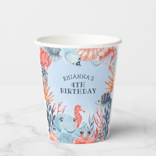 海の誕生日パーティーの下の子供 紙コップ (裏面)