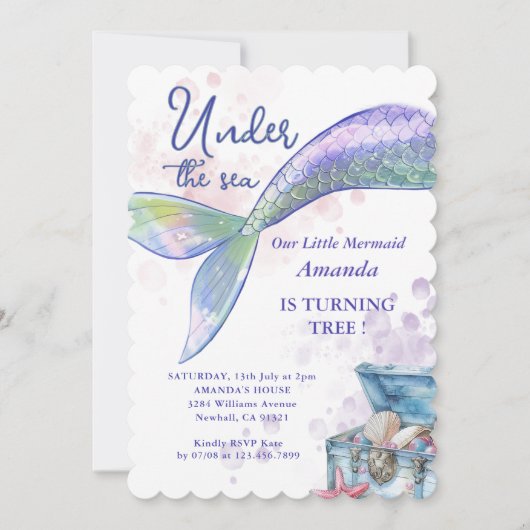 海の誕生日パーティーの下の水彩人魚 招待状 (正面)