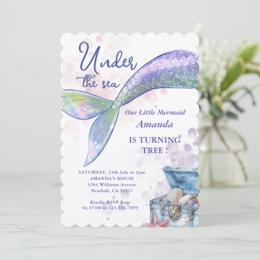 海の誕生日パーティーの下の水彩人魚 招待状 (スタンド正面)