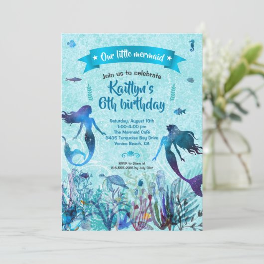 海の誕生日パーティーの下の水彩人魚 招待状 (スタンド正面)