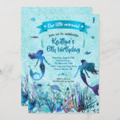海の誕生日パーティーの下の水彩人魚 招待状 (正面/裏面)