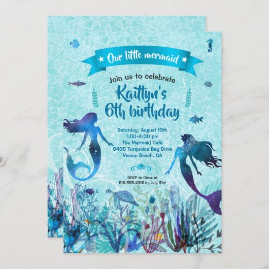 海の誕生日パーティーの下の水彩人魚 招待状 (正面/裏面)