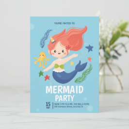 海の誕生日パーティーの下の水彩人魚 招待状