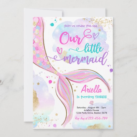 海の誕生日パーティーの下の魔法の人魚 招待状 (正面)
