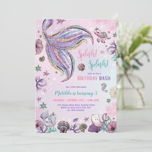 海の誕生日パーティーの下の魔法の人魚 招待状 (スタンド正面)