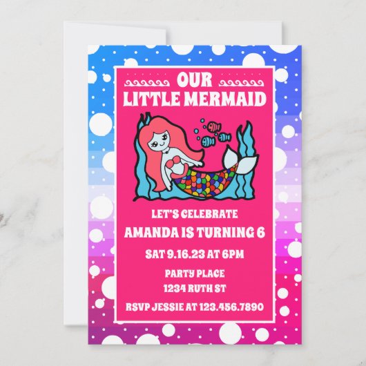 海の誕生日パーティーの下の魔法の人魚 招待状 (正面)