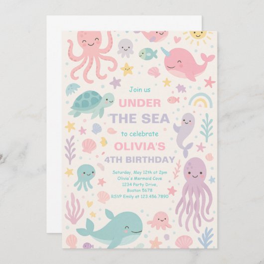 海の誕生日パーティーの招待で可愛い 招待状 (正面/裏面)