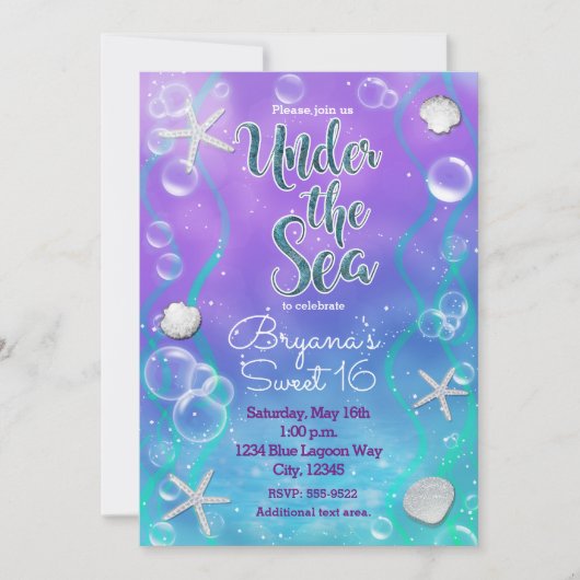 海の誕生日パーティーの招待の下で魔法 招待状 (正面)