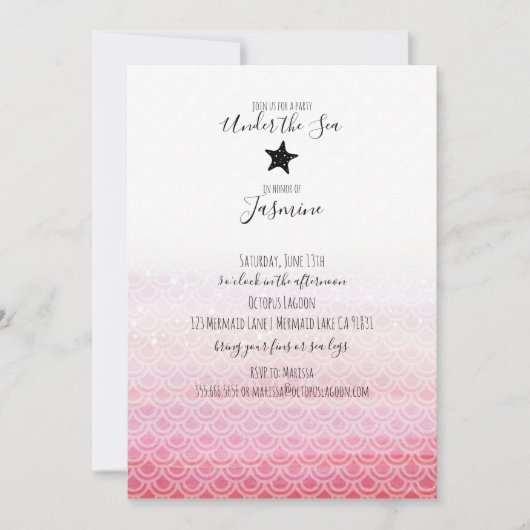 海の誕生日パーティーの招待の下の人魚 招待状 (正面)