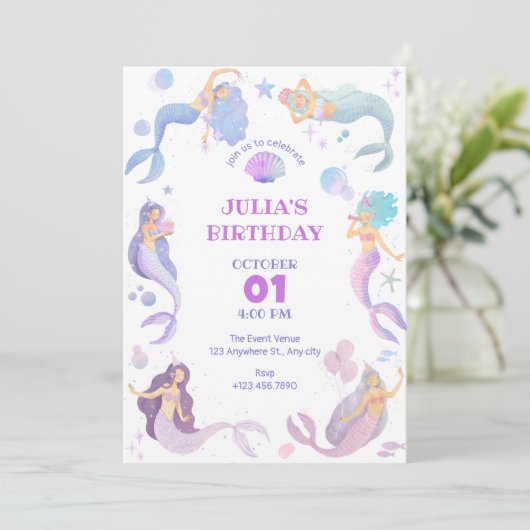 海の誕生日パーティーの招待の下の人魚 招待状 (スタンド正面)