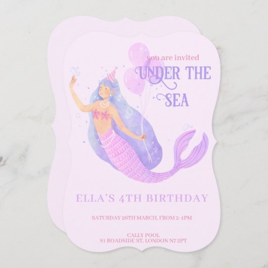 海の誕生日パーティーの招待の下の人魚 招待状 (正面/裏面)