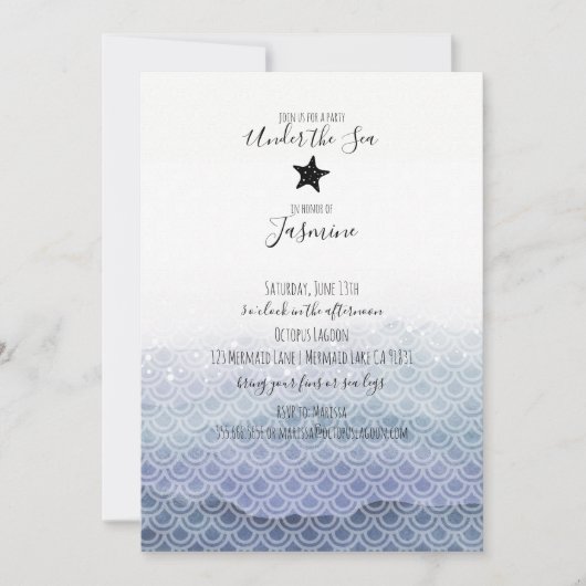 海の誕生日パーティーの招待の下の人魚 招待状 (正面)