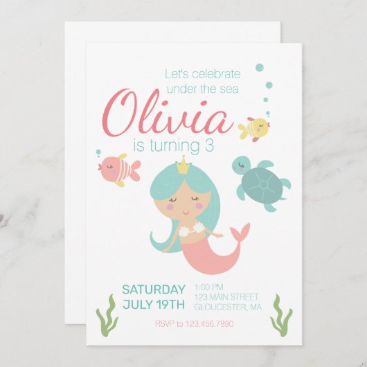 海の誕生日パーティーの招待の下の人魚 招待状 (正面/裏面)
