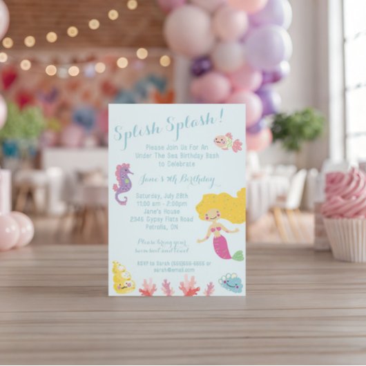 海の誕生日パーティーの招待の下の人魚 招待状