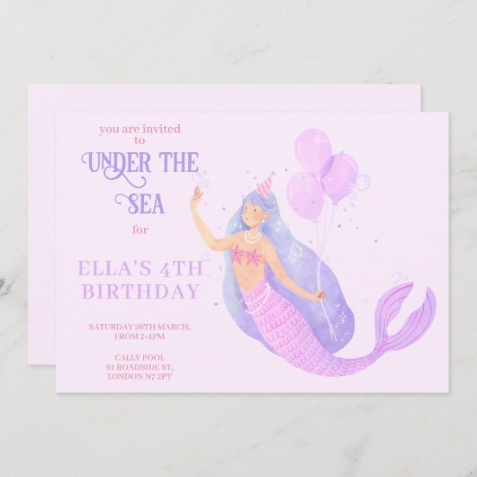 海の誕生日パーティーの招待の下の人魚 招待状 (正面/裏面)