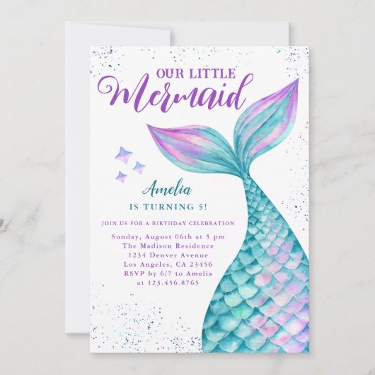 海の誕生日パーティーの招待の下の人魚 招待状 (正面)