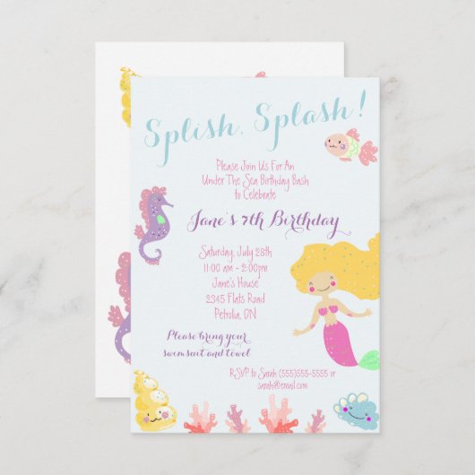 海の誕生日パーティーの招待の下の人魚 招待状 (正面/裏面)