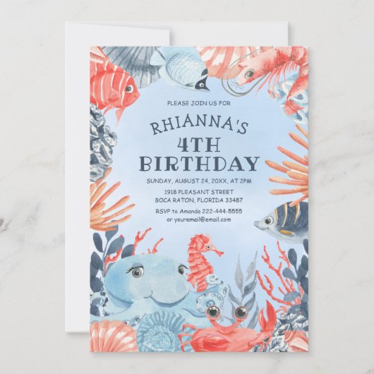 海の誕生日パーティーの招待の下の子供 招待状 (正面)