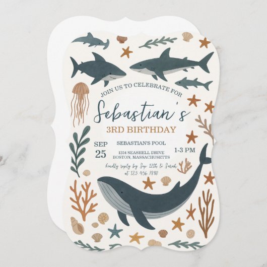 海の誕生日パーティーの招待状の下で 招待状 (正面/裏面)