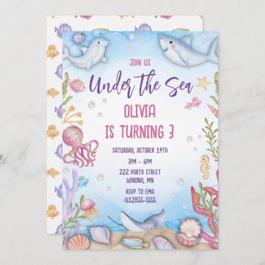 海の誕生日パーティーの招待状の下で 招待状 (正面/裏面)