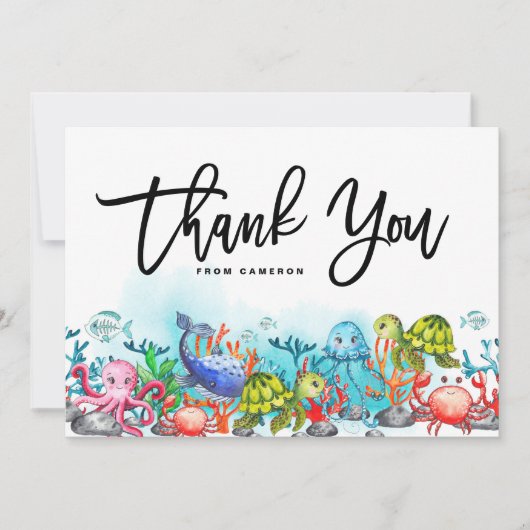 海の誕生日パーティーの水彩 サンキューカード (正面)