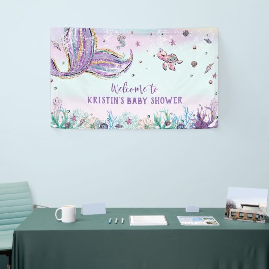 海の誕生日パーティーの背景の下のマーメイドテール 横断幕 (トレードショー)