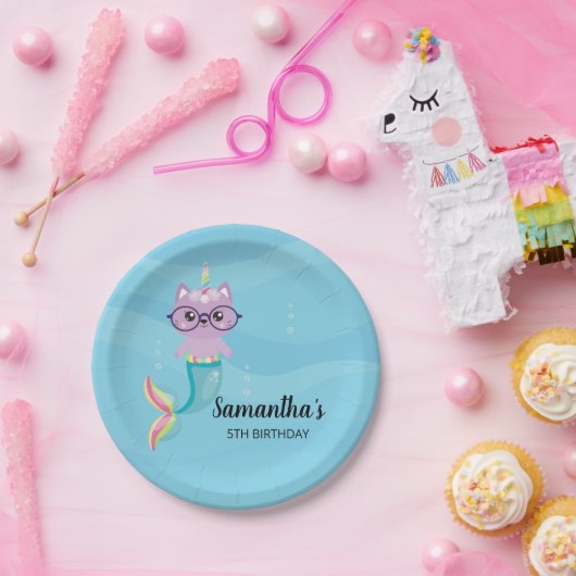 海の誕生日会の下で猫ユニコーン・マーメイド ペーパープレート (パーティー)