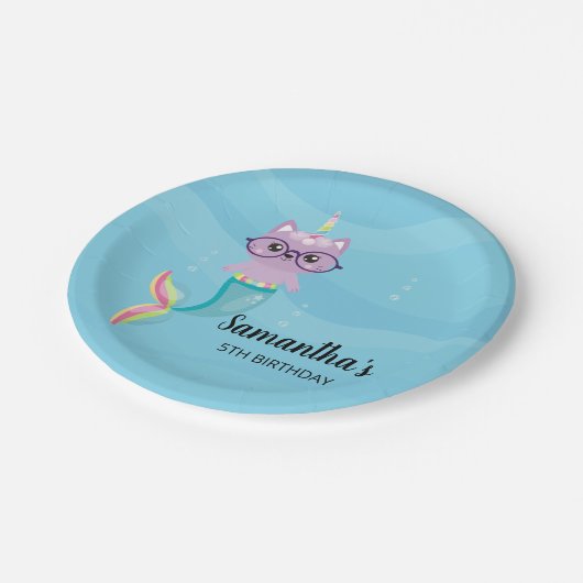 海の誕生日会の下で猫ユニコーン・マーメイド ペーパープレート (アングル)