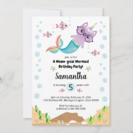 海の誕生日会の下で猫ユニコーン・マーメイド 招待状