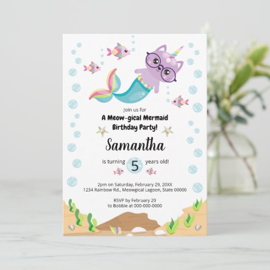 海の誕生日会の下で猫ユニコーン・マーメイド 招待状 (スタンド正面)