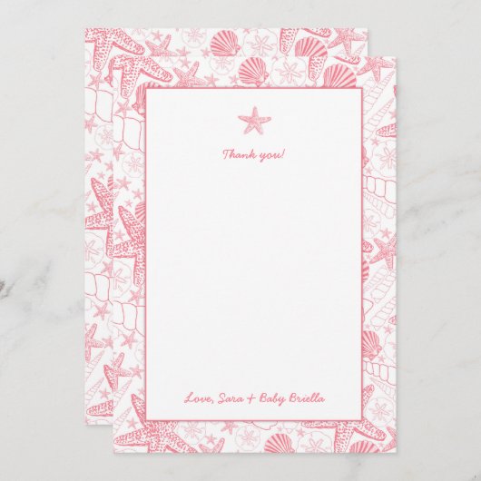 海の貝のピンクのベビーシャワーはノート感謝していしています サンキューカード (正面/裏面)